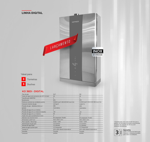 Aquecedor Komeco Ko 36 Di Home 36 Litros Inox Glp Com Kit