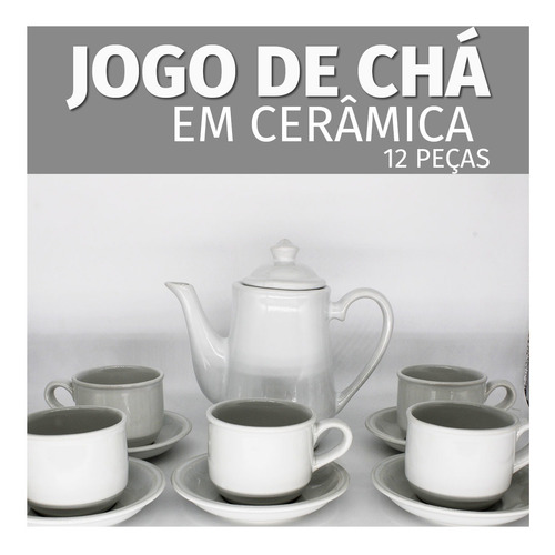 Imagem 5 de 7 de Jogo De Chá Branco Ceramica Bule Pires Cozinha Moderna 12pçs