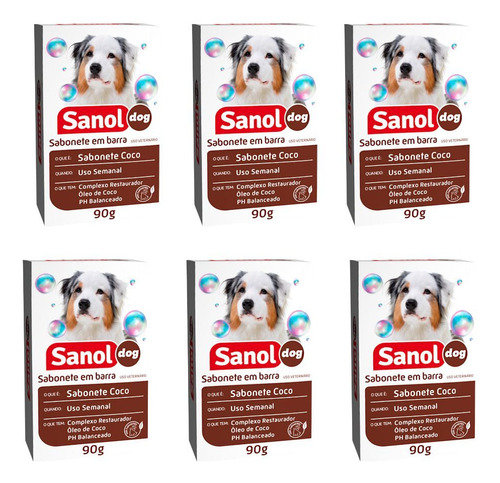 Kit 6 Sabonete Em Barra Coco Sanol Dog Para Cães E Gatos 90g