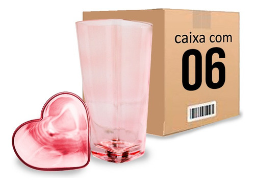 Kit Jogo Conjunto 6 Copos Vidro Rosa Coração 445ml