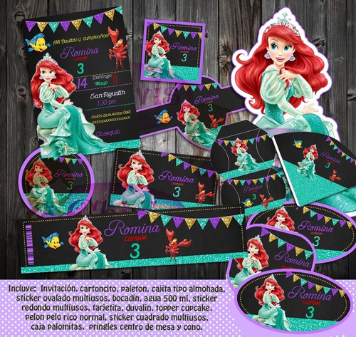 Kit Imprimible Candy Bar Princesa Ariel Green Editable