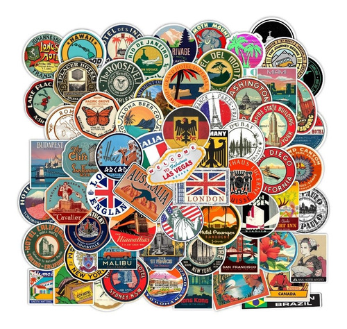 Imagem 1 de 2 de 64x Adesivos Hotéis Diversos Países Lugares Malas Viagem
