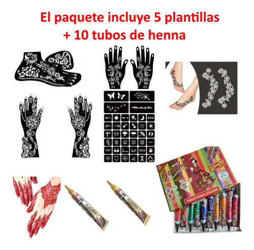5 Estenciles Plantillas + 10 Tubos Henna Tatuaje Temporal 