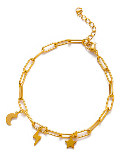 Pulsera Estrella Rayo Luna Oro 18 Kilates 18cm A 22cm Ajust.