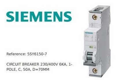 5sy6150-7 Siemens Breaker Riel-din 1 Polo 50 A 230/400v 6 Ka