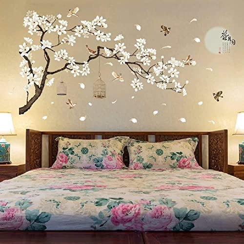 Vinilo Decorativo Sakura Blanco Mural Rama + Aves Xl