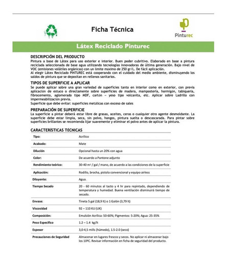 Latex Reciclado Pinturec Extracubrien Blanco Llama 4 Galones