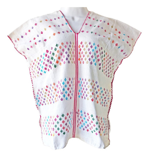 Blusa Telar Amuzgo · Blanco Formas Multicolor