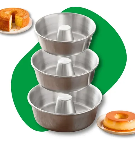Kit 3 Formas Bolo Pudim Alumínio Nº18 20 22cm Assadeira Redonda Furo Central Pudim Bolo Vulcão Tubo Green Clean