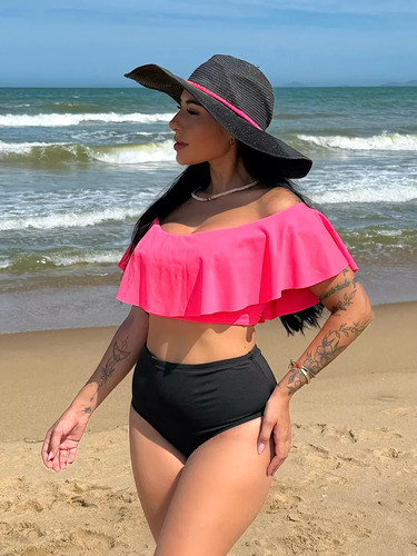 Top Cropped Babado Praia Piscina Balada Com Bojo Removível
