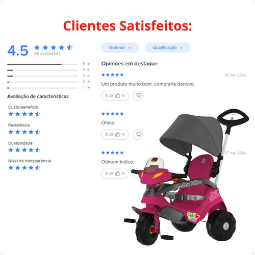 Velobaby Reclinavel Com Capota Triciclo Bandeirantes Rosa