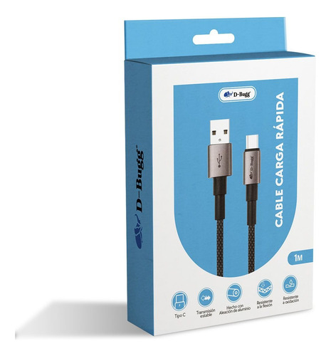 Cable Usb A A Tipo C Trenzado Reforzado Carga Rápida 1 Metro Negro