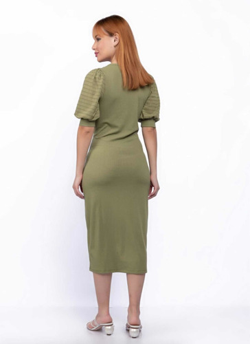 Imagem 4 de 6 de Vestido Canelado Mídi Manga Bufante Verde Feminino