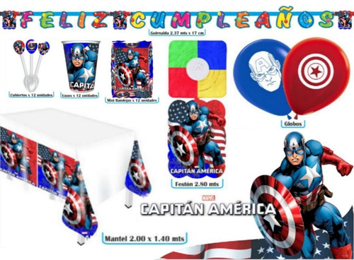 Kit Infantil Decoración Fiesta - Capitán América X12 Invi.