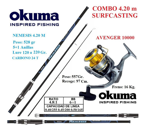 Caña Pesca 4.20 Okuma Nemsis Carrete Avenger Pescar Okuma