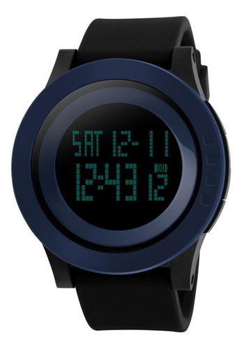 Relógio de pulso Skmei Esportiva 1142 com corpo preto,  digital, para masculino, fundo  preto, com correia de silicone cor preto, subdials de cor cinza, ponteiro de minutos/segundos cinza, bisel cor azul, luz verde e fivela simples