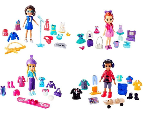 Polly Pocket Fashion Squad 4 Muñecas 3 Pulgadas Accesorios 