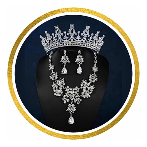 Set Tiara Corona Aretes Collar Novia Xv Años Diamante Plata