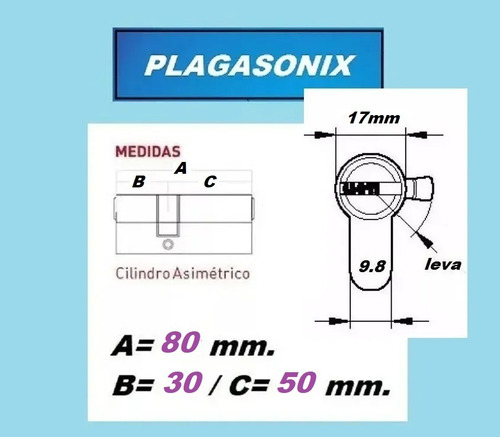 Imagen 2 de 8 de Cilindro Europerfil 80mm Asimetrico Leva Llave Computada