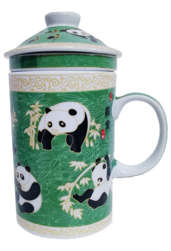 Taza Ceramica Con Filtro Oriental Osos Panda Bambu  3pza