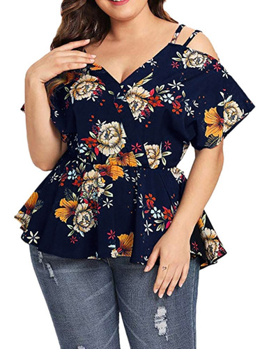 Mujeres Tallas Grandes Manga Corta Floral Peplum Top 9115