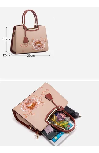 Bolso De Mano Bordado Peonía, Gran Capacidad Para Mujer