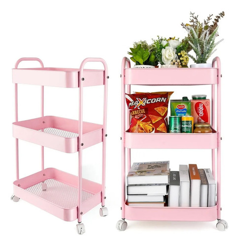Carrito Organizador Multiusos De Metal, 3 Niveles Y Ruedas Rosa Claro