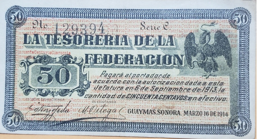 Billete De 50 Centavos De La Tesoreria De La Federacion 1914