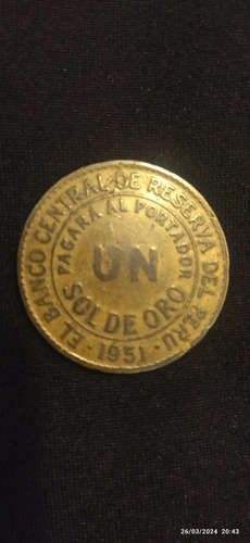 Moneda Del Perú Un Sol De Oro Año 1951.pagará Al Portador 