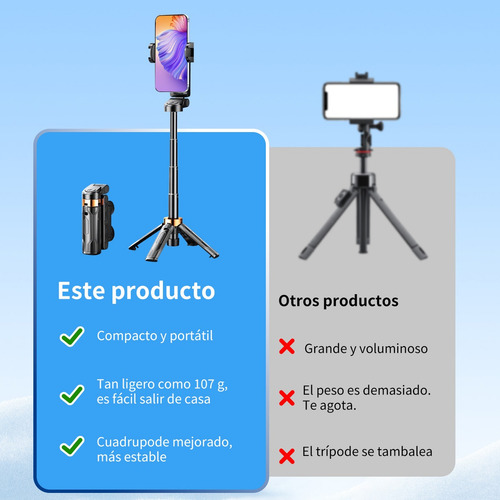 Tripie Celular Selfie Stick Bluetooth Control Remoto Con Luz