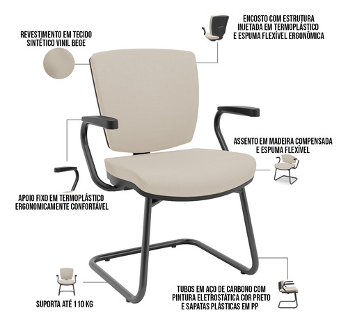 Cadeira de Escritório Fixa Executiva Office Preto Slim Baixa Flexi P03 Vinil Bege