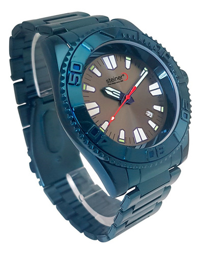 Reloj Steiner Analogo Extensible Acero Inoxidable Dial 3atm Correa Azul Fondo Negro