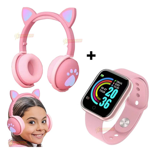 Smartwatch Feminino D20 Ultra + Fone Gatinho P/ Meninas Rosa Cor da pulseira Fone Rosa Relógio Rosa