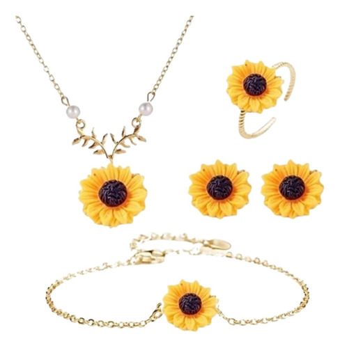 Collar Conjunto De Joyería De Girasol, Pulsera, Anillo