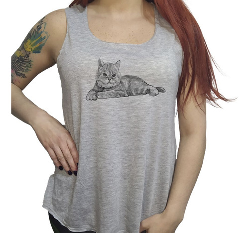 Musculosa Acampanada Gato Persa Acostado Dibujo