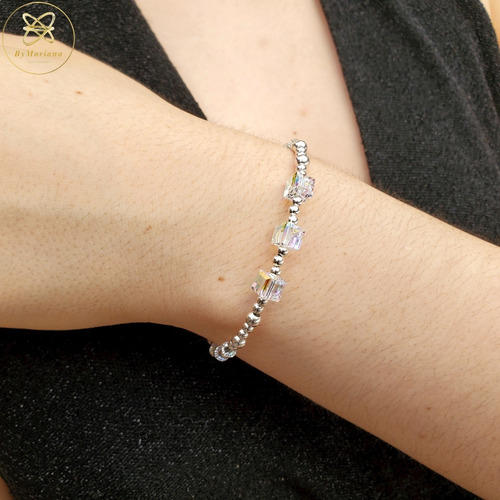 Imagen 2 de 8 de Pulsera Plata Con Cristal Swa Aurora Boreal Y Bolitas