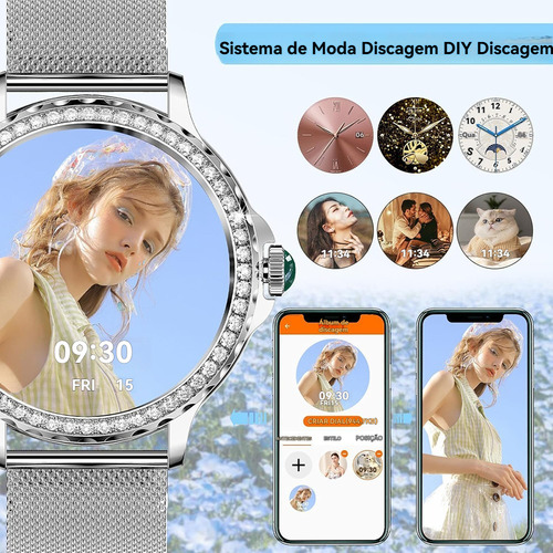 Relógio Smartwatch Mulheres Hk27 Prata 1.31in 41mm Clássico Mostrador Redondo Decoração De Diamante 2pulseira Ip67 Com Bluetooth Gpt Lançamento2025