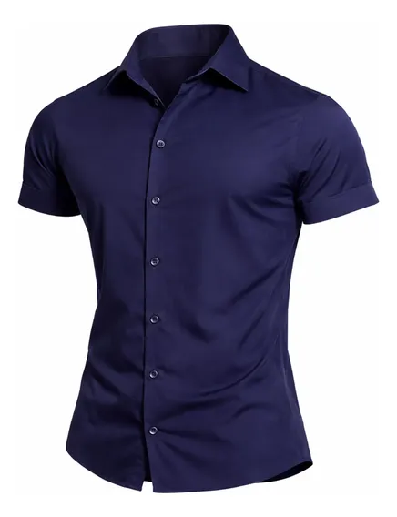 Camisa Social Masculina Crepinho Com Elastano Premium Azul-marinho Crepinho G (42/44)