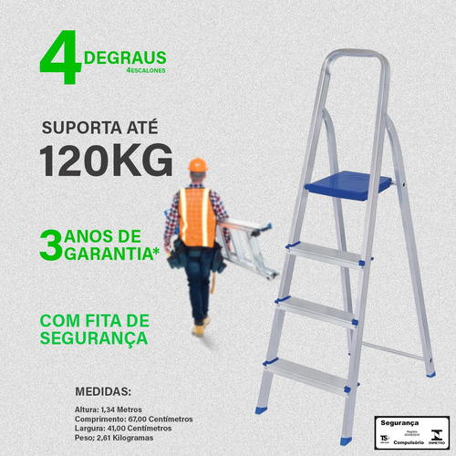 Escada De Alumínio Mor 4 Degraus Com Trava De Segurança Mor