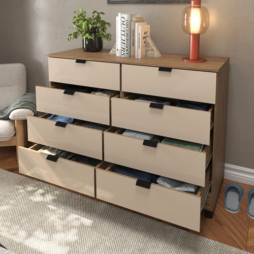 Cômoda 8 Gavetas Grande P/ Quarto Casal Industrial Off White E Madeirado Organizador De Roupas C/ Design Moderno E Sofisticado Mod. Gk