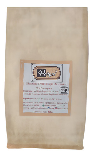 Pergal Chocolate Artesanal Semiamargo 70% Cacao
