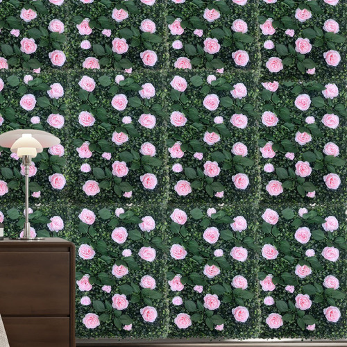 Panel De Pared De Césped Artificial Con Flores Panel Rosa
