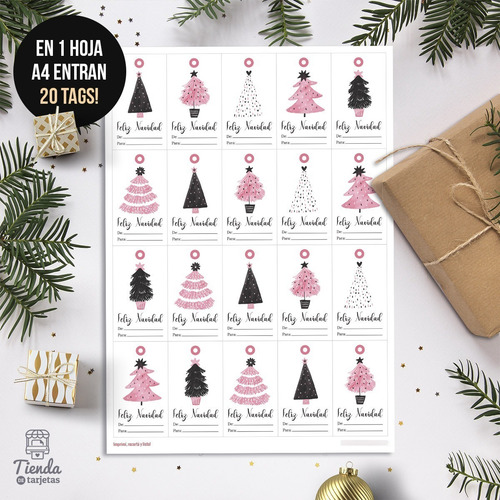 Imagen 3 de 3 de Etiquetas Colgantes Tags Imprimibles Navidad Arbolitos Rosa