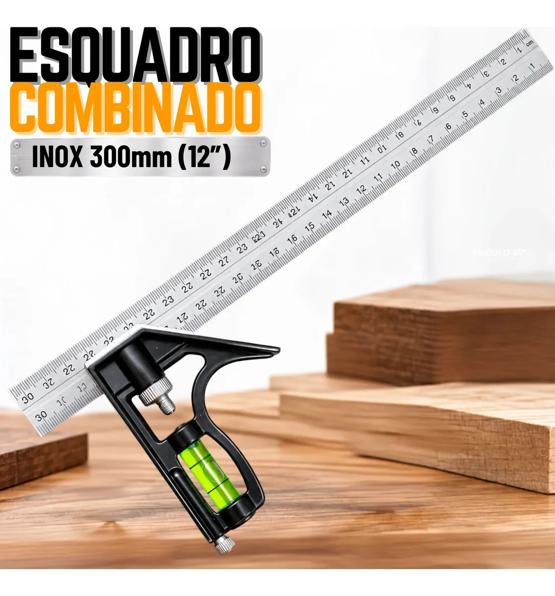 Esquadro Combinado Inox 300mm 12 Polegadas Com Nível Régua Transferidor Marcador de Precisão Para Marcenaria Carpintaria Construção Medição e Corte