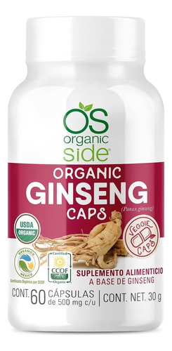 Ginseng Orgánico 500mg 60 Capsulas Organic Side Sabor Sin Sabor