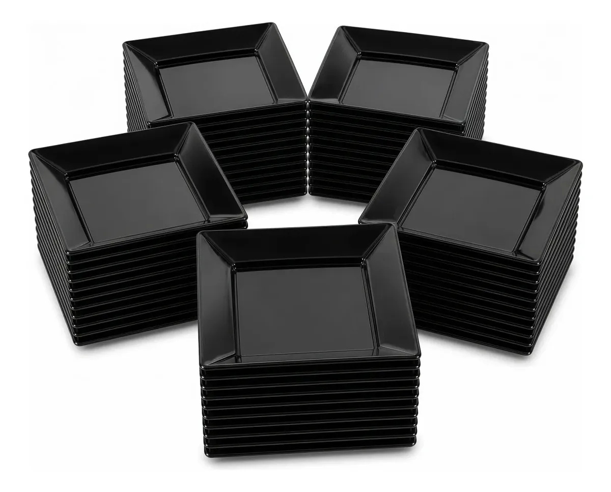 Kwalux Paquete De 50 Platos Cuadrados De Plástico Reutilizables Color Negro Para Fiesta Boda Cumpleaños Eventos Y Reuniones