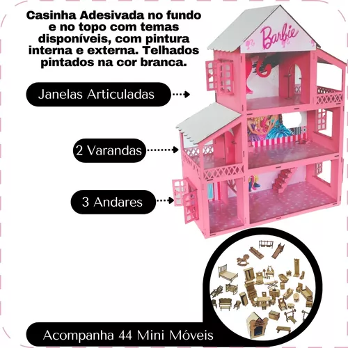 Casa Casinha Tema Barbie Adesivada Com Móveis Mdf Full