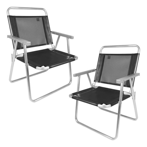 2 Cadeiras De Praia Dobrável Alta Em Alumínio Oversize Preta