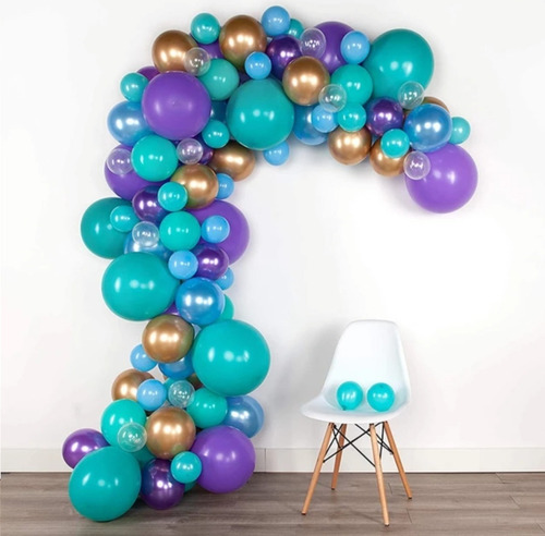 Arco De Globos Látex Confetti Cromados Mate Plateado Azul