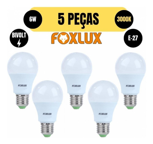 Kit 5 Lampada Led Bulbo A60 6w E27 3000k Amarela Bivolt Fox